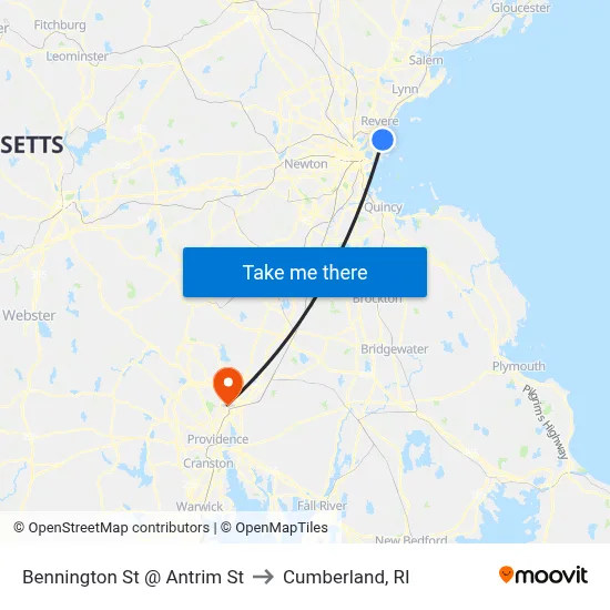Bennington St @ Antrim St to Cumberland, RI map