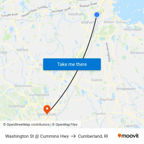 Washington St @ Cummins Hwy to Cumberland, RI map