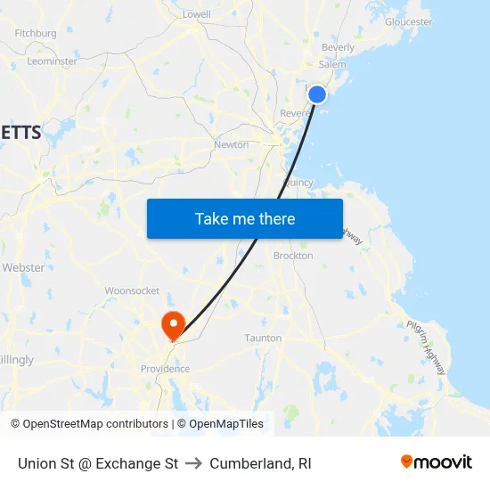 Union St @ Exchange St to Cumberland, RI map