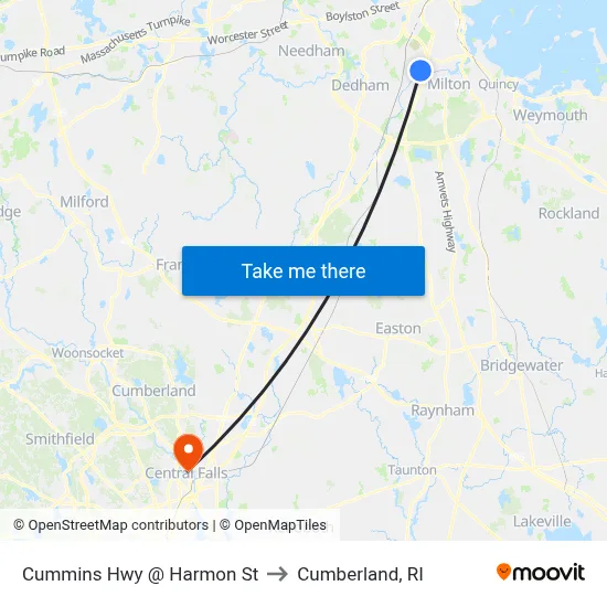 Cummins Hwy @ Harmon St to Cumberland, RI map