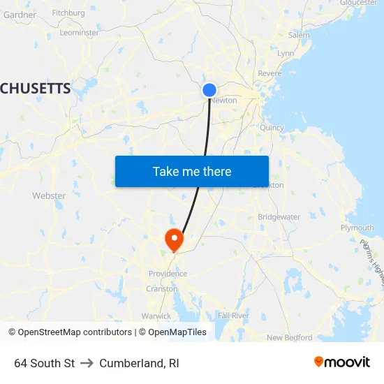 64 South St to Cumberland, RI map