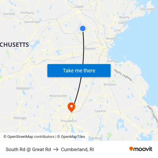 South Rd @ Great Rd to Cumberland, RI map