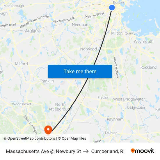 Massachusetts Ave @ Newbury St to Cumberland, RI map