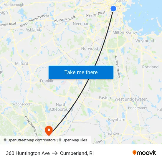360 Huntington Ave to Cumberland, RI map