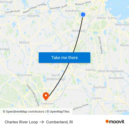 Charles River Loop to Cumberland, RI map