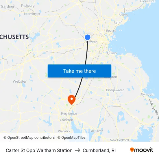 Carter St Opp Waltham Station to Cumberland, RI map