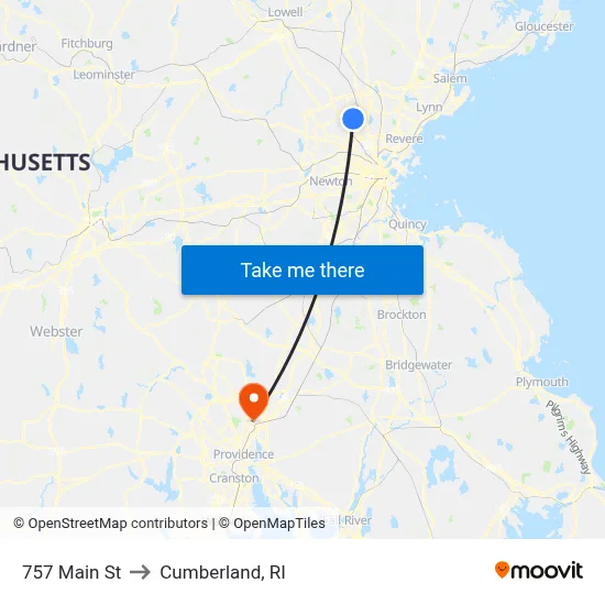 757 Main St to Cumberland, RI map
