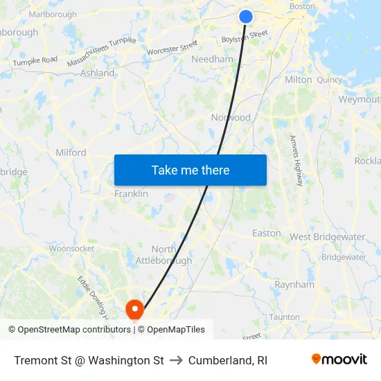 Tremont St @ Washington St to Cumberland, RI map