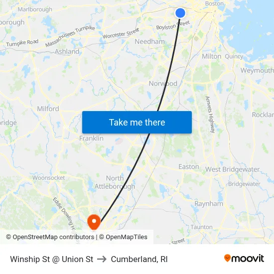Winship St @ Union St to Cumberland, RI map
