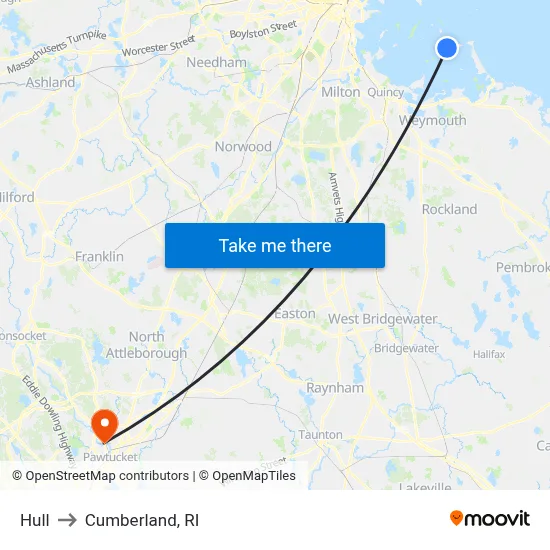 Hull to Cumberland, RI map