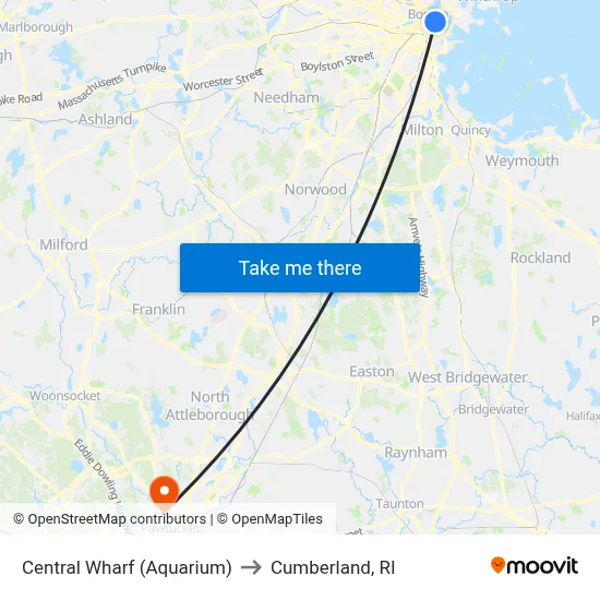 Central Wharf (Aquarium) to Cumberland, RI map
