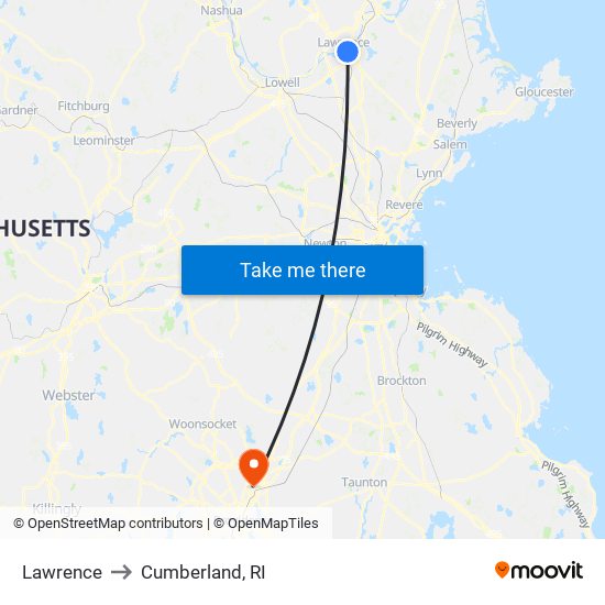 Lawrence to Cumberland, RI map