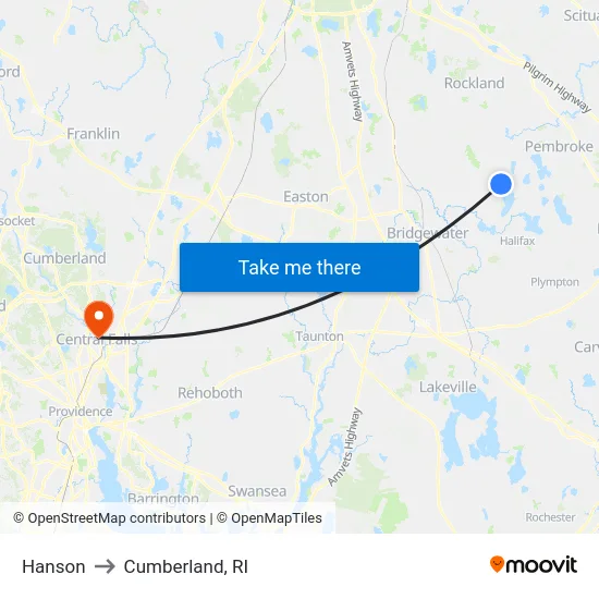 Hanson to Cumberland, RI map