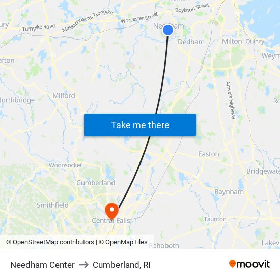 Needham Center to Cumberland, RI map