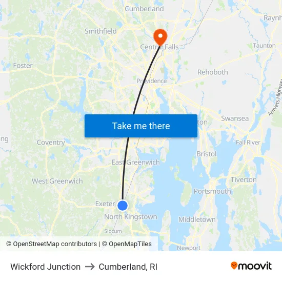 Wickford Junction to Cumberland, RI map