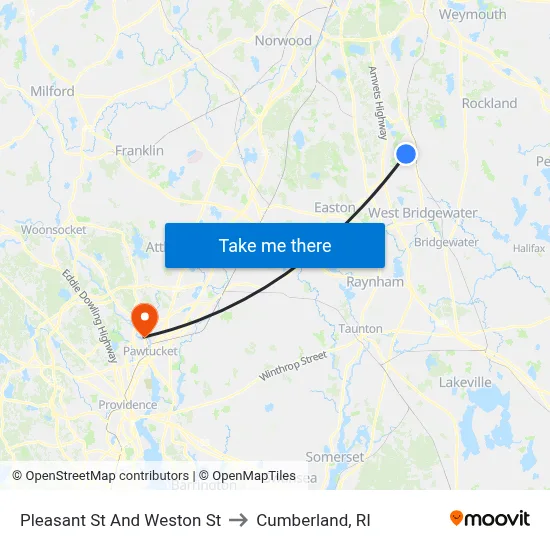 Pleasant St And Weston St to Cumberland, RI map