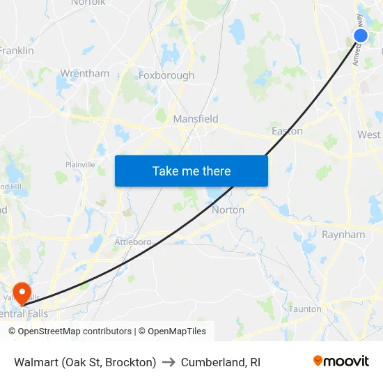 Walmart (Oak St, Brockton) to Cumberland, RI map