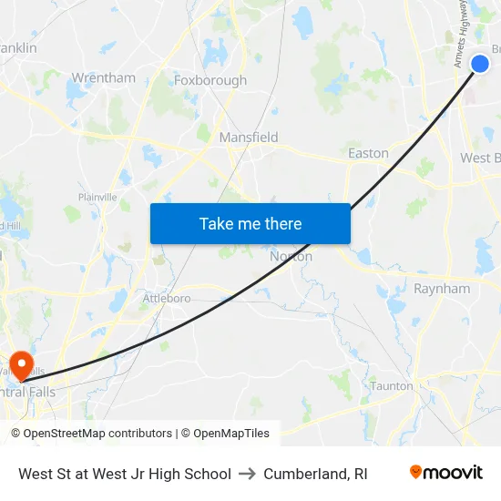 West St at West Jr High School to Cumberland, RI map