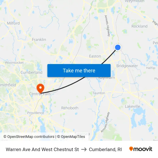Warren Ave And West Chestnut St to Cumberland, RI map