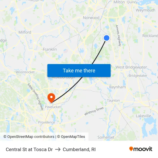 Central St at Tosca Dr to Cumberland, RI map