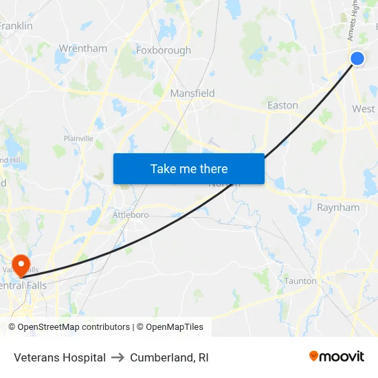Veterans Hospital to Cumberland, RI map