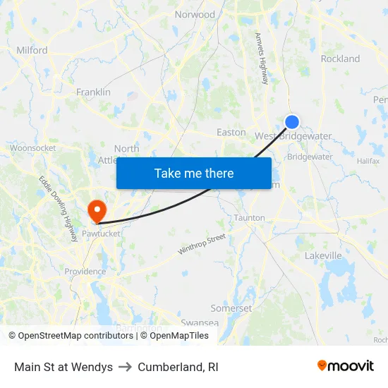 Main St at Wendys to Cumberland, RI map