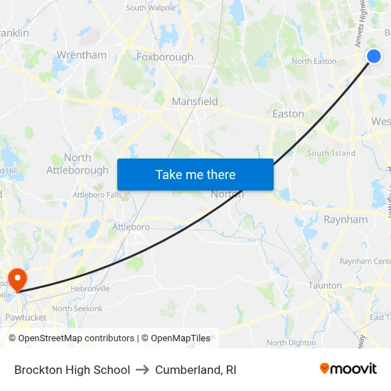Brockton High School to Cumberland, RI map