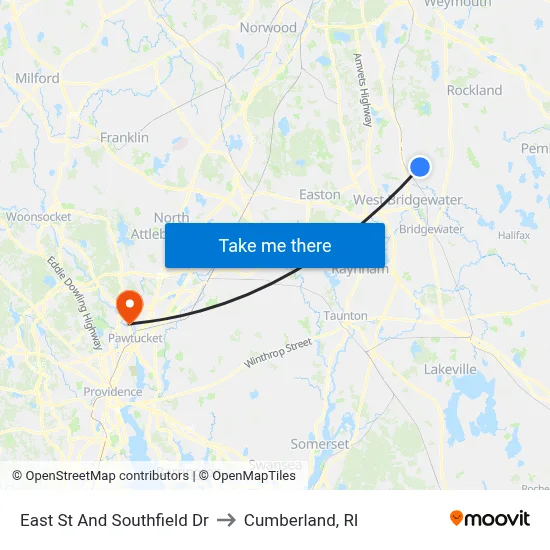 East St And Southfield Dr to Cumberland, RI map