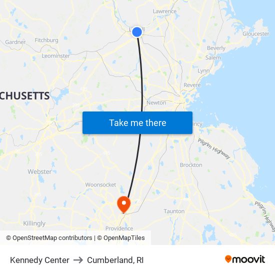 Kennedy Center to Cumberland, RI map