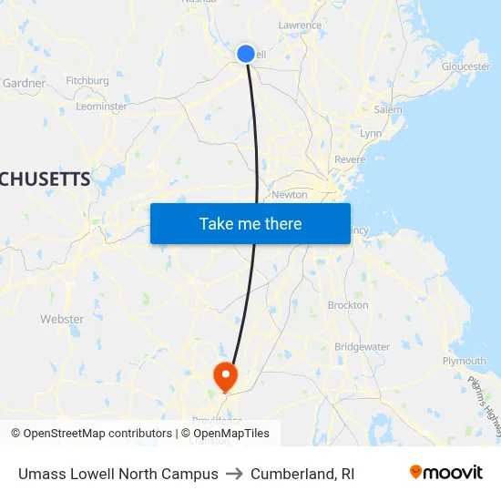 Umass Lowell North Campus to Cumberland, RI map