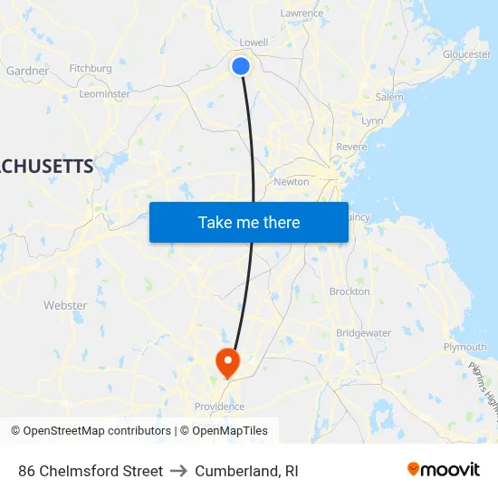 86 Chelmsford Street to Cumberland, RI map