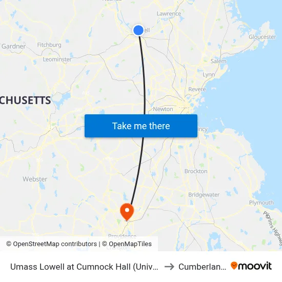 Umass Lowell at Cumnock Hall (University Ave) to Cumberland, RI map