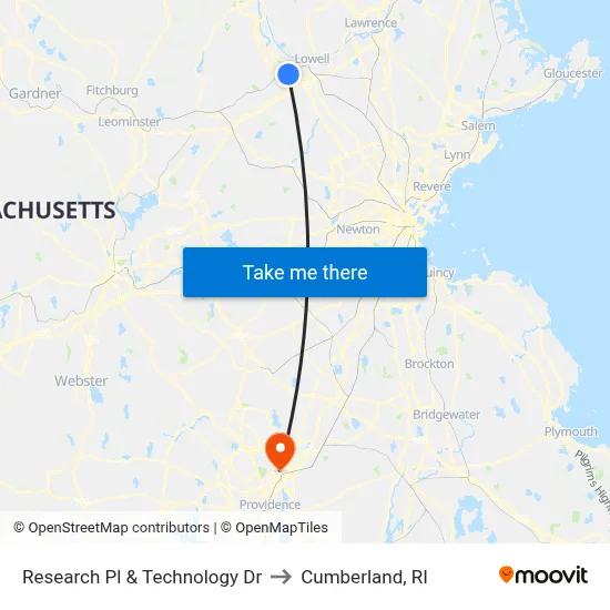 Research Pl & Technology Dr to Cumberland, RI map