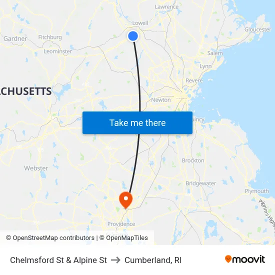 Chelmsford St & Alpine St to Cumberland, RI map
