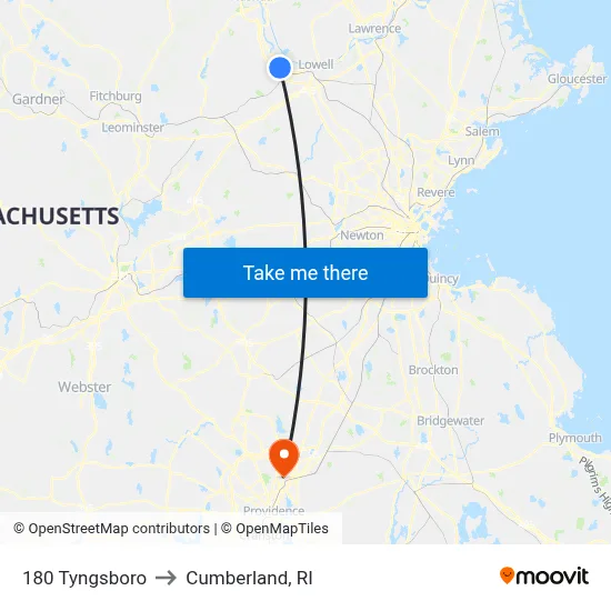 180 Tyngsboro to Cumberland, RI map