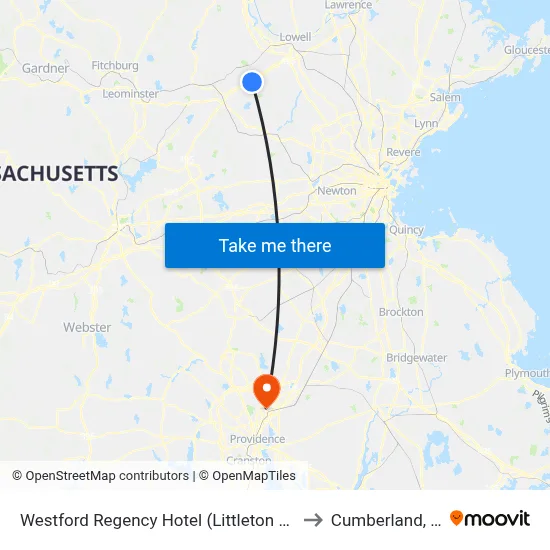 Westford Regency Hotel (Littleton Rd) to Cumberland, RI map