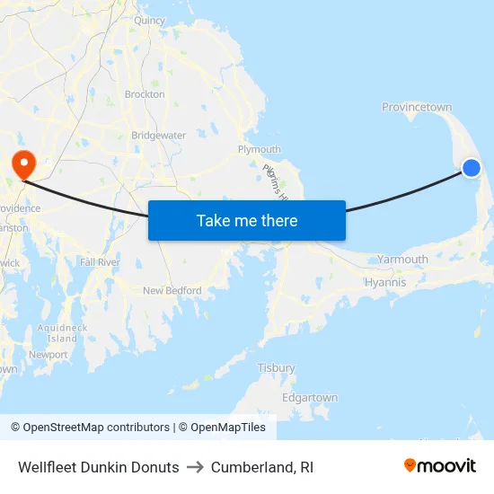 Wellfleet Dunkin Donuts to Cumberland, RI map