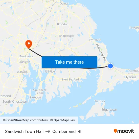 Sandwich Town Hall to Cumberland, RI map