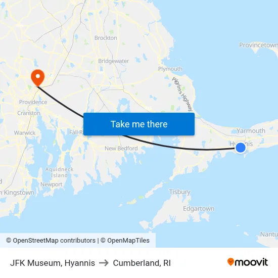 JFK Museum, Hyannis to Cumberland, RI map