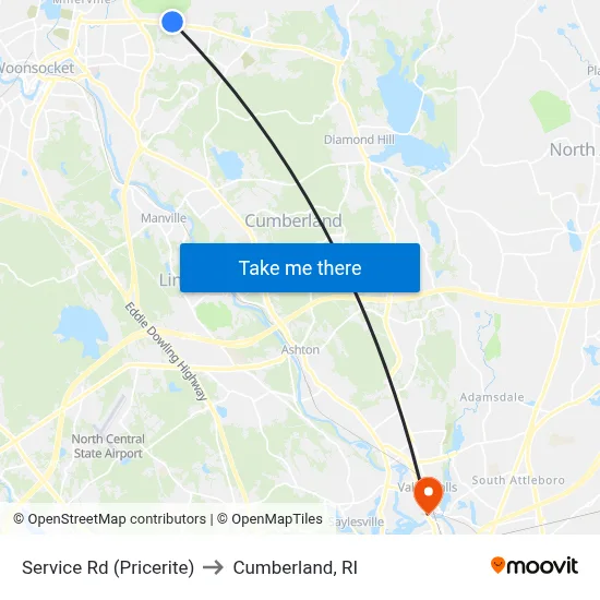 Service Rd (Pricerite) to Cumberland, RI map