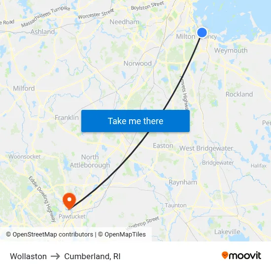 Wollaston to Cumberland, RI map