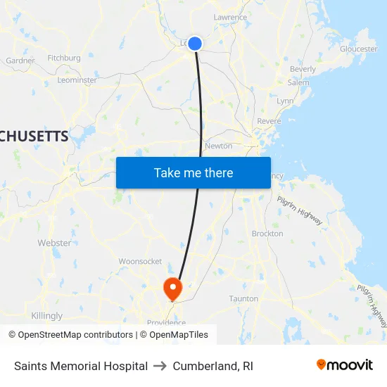 Saints Memorial Hospital to Cumberland, RI map