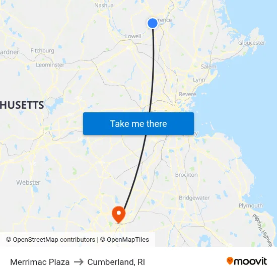 Merrimac Plaza to Cumberland, RI map