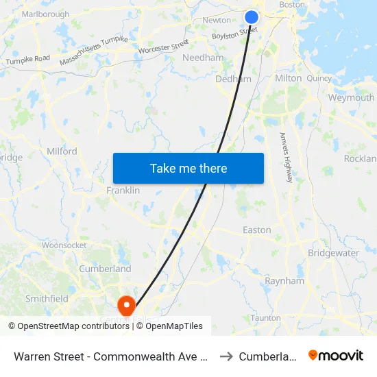 Warren Street - Commonwealth Ave @ Kelton St to Cumberland, RI map