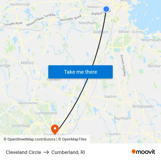 Cleveland Circle to Cumberland, RI map