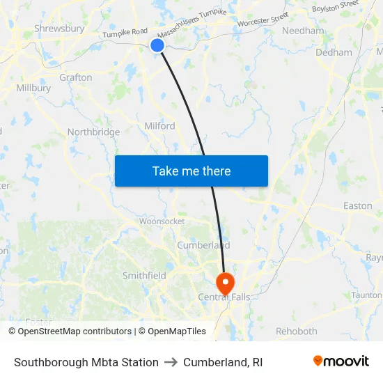 Southborough Mbta Station to Cumberland, RI map