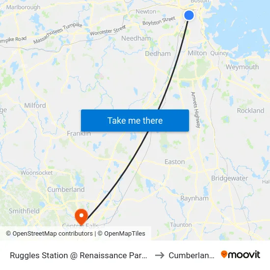 Ruggles Station @ Renaissance Park Garage to Cumberland, RI map
