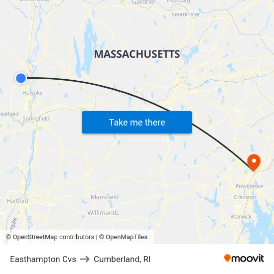 Easthampton Cvs to Cumberland, RI map