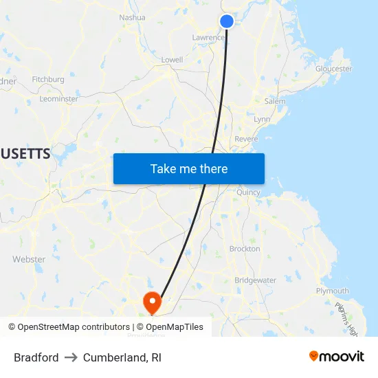 Bradford to Cumberland, RI map