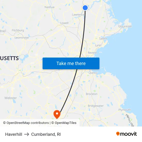 Haverhill to Cumberland, RI map